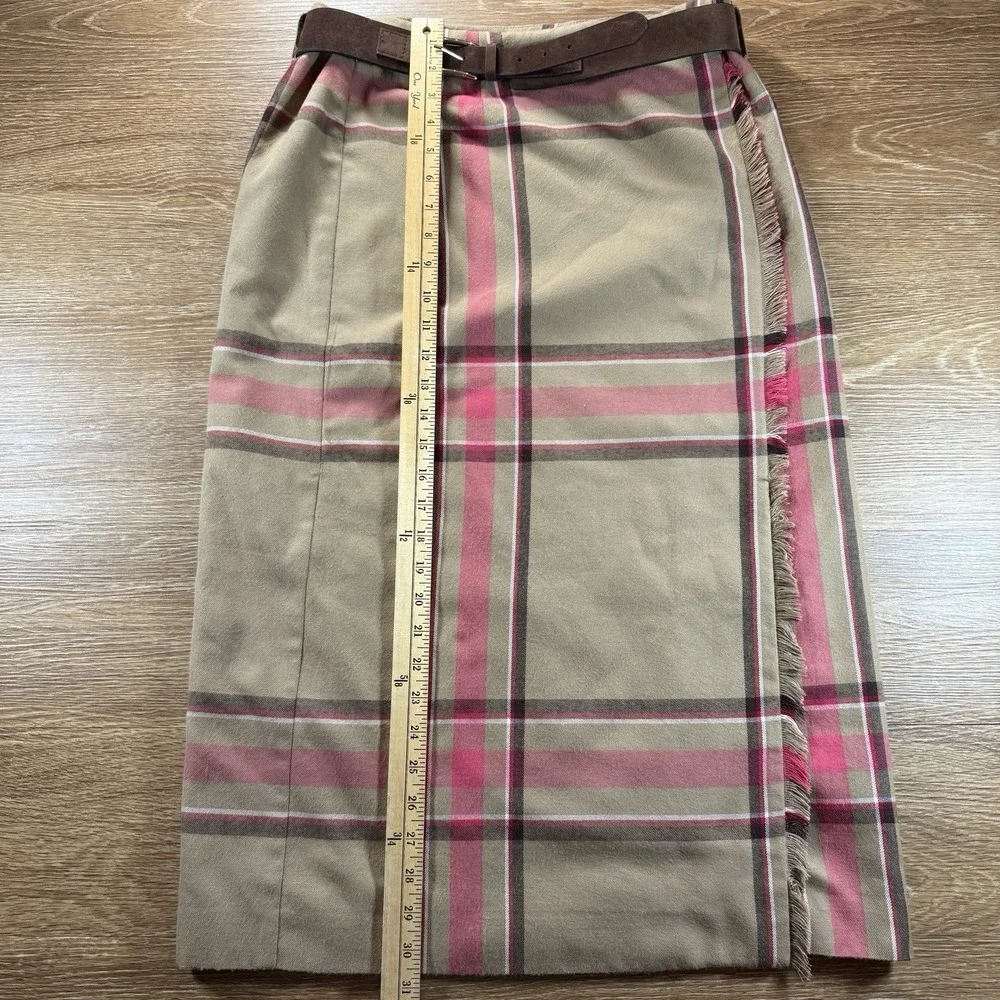 Evan Picone Vintage Y2K Plaid Skirt Women's 10 Pink Tan Fringe Midi Belted Fall - Picture 5 of 7